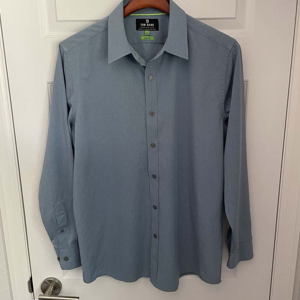 Tom Baine Performance Mens L 16-16 1/2 Blue Long Sleeve Slim Fit Wrinkle-Free